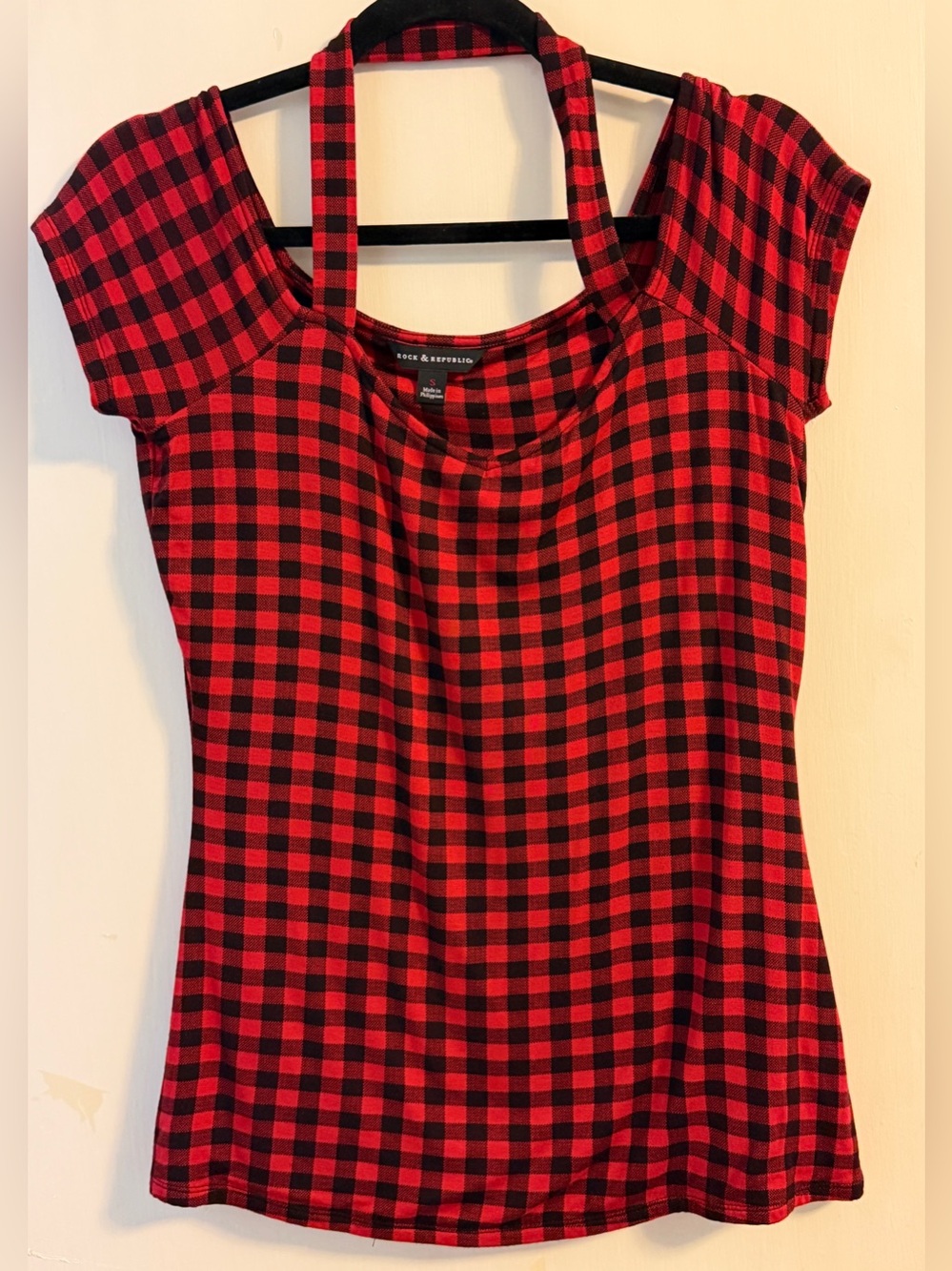 Rock & Republic - Black & Red Checkered Short Sleeve Faux Halter Top (EUC)
